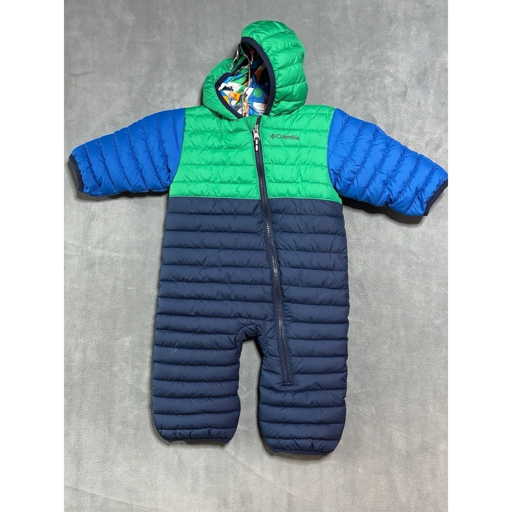 Columbia Baby's Puffer Green Blue Bunting Winter Suit Reversible 6-12 Months